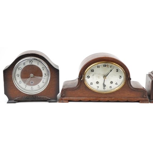 2500 - Three oak cased mantle clocks including two Westminster chiming examples, the largest 38cm wide