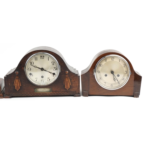 2500 - Three oak cased mantle clocks including two Westminster chiming examples, the largest 38cm wide