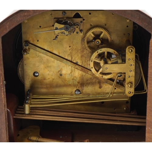 2500 - Three oak cased mantle clocks including two Westminster chiming examples, the largest 38cm wide