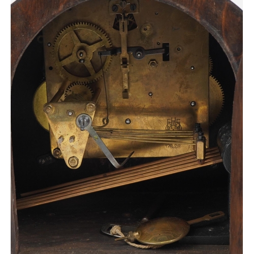 2500 - Three oak cased mantle clocks including two Westminster chiming examples, the largest 38cm wide