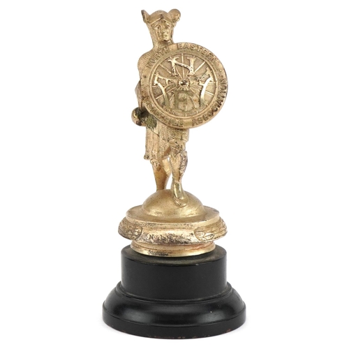 Early 20th century automobilia interest North Eastern Automobile Association silvered bronze car mascot in the form of a guardian, numbered 117, raised on a circular ebonised base, 18.5cm high