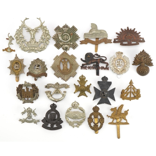 1381 - Military interest cap badges including Royal Engineers, The Lancers, Lincolnshire, Bedfordshire, Aus... 