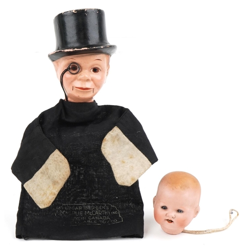 1174 - Vintage Edgar's Bergen's Charlie McCarthy glove puppet and an Armand Marseille bisque doll's head, t... 