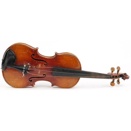 1014 - Old wooden violin with three bows and case, the violin back impressed Stainer, 14.25 inches in lengt... 