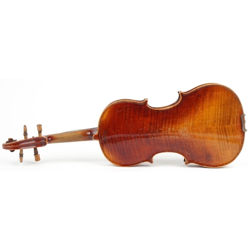 1014 - Old wooden violin with three bows and case, the violin back impressed Stainer, 14.25 inches in lengt... 