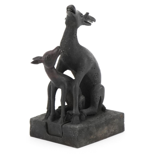 2515 - Chinese patinated bronze deer and foal two piece seal, 12.5cm high