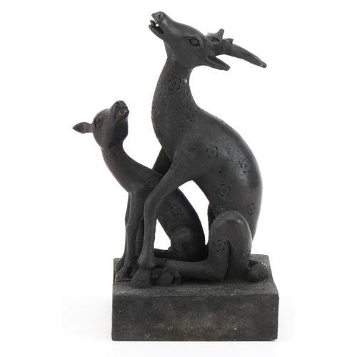 2515 - Chinese patinated bronze deer and foal two piece seal, 12.5cm high