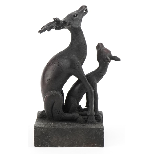 2515 - Chinese patinated bronze deer and foal two piece seal, 12.5cm high