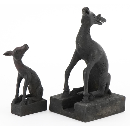 2515 - Chinese patinated bronze deer and foal two piece seal, 12.5cm high