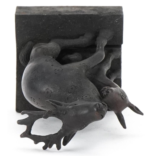 2515 - Chinese patinated bronze deer and foal two piece seal, 12.5cm high