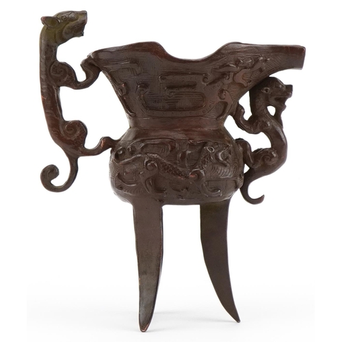 395 - Chinese patinated bronze libation cup with animalia handle, 13cm high