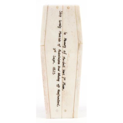 711 - Scrimshaw style carved bone skeleton housed in a bone coffin with lift off lid, the coffin 11.5cm in... 