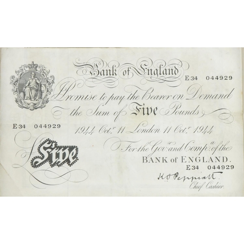 1620 - Bank of England 1944 white five pound note dated October 11th 1944, Chief Cashier K O Peppiatt, seri... 