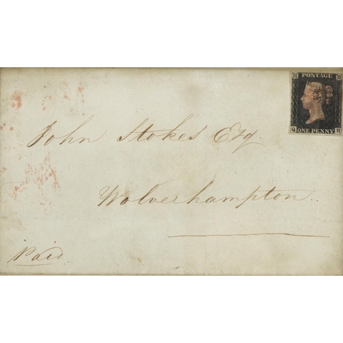 1697 - Victorian postal history Penny Black cover with four margins inscribed John Stokes Esq Wolverhampton... 