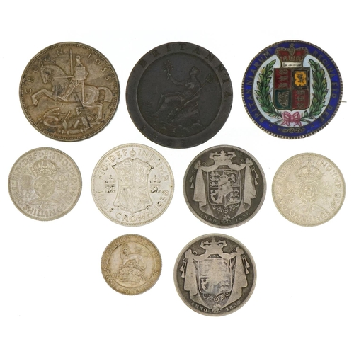 1553 - George III and later British coinage including Victoria Young Head 1847 enamelled crown brooch, two ... 