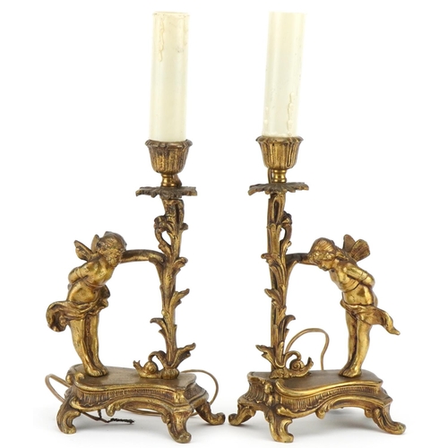 484 - Pair of 19th century French gilt metal Putti and acanthus design candlesticks, each 30.5cm high