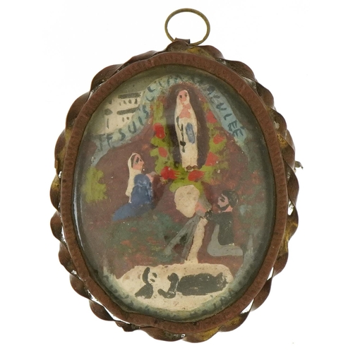 586 - 19th century French religious interest diorama locket with convex glass, hand painted and decorated ... 