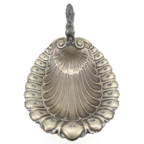 2711 - Silver plate shell design centre piece surmounted with a squirrel holding an acorn, 26.5cm in length