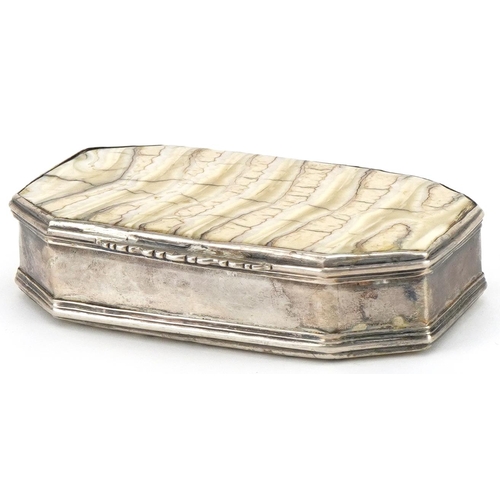 34 - 18th century unmarked silver and fossilised mammoth tooth snuff box with canted corners, 2.5cm H x 7... 