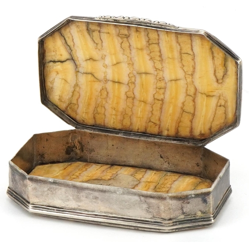 34 - 18th century unmarked silver and fossilised mammoth tooth snuff box with canted corners, 2.5cm H x 7... 