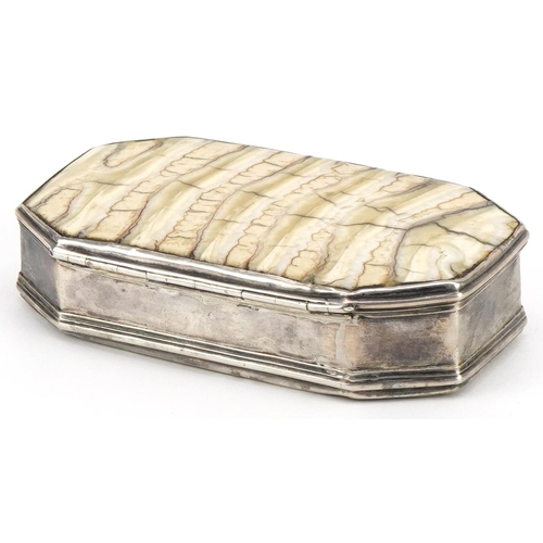 34 - 18th century unmarked silver and fossilised mammoth tooth snuff box with canted corners, 2.5cm H x 7... 