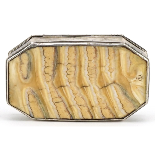 34 - 18th century unmarked silver and fossilised mammoth tooth snuff box with canted corners, 2.5cm H x 7... 