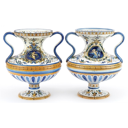 347 - Gien, pair of 19th century French faience glazed Maiolica twin handled vases hand painted with panel... 