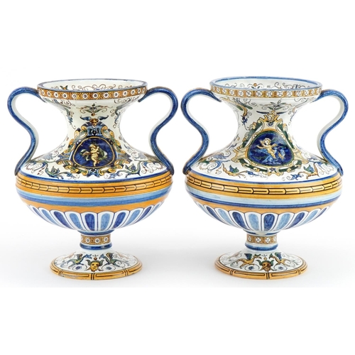 347 - Gien, pair of 19th century French faience glazed Maiolica twin handled vases hand painted with panel... 