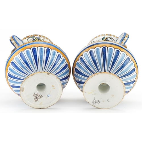 347 - Gien, pair of 19th century French faience glazed Maiolica twin handled vases hand painted with panel... 