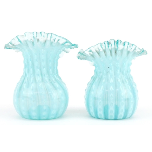 511 - Two Art Nouveau Vaseline glass Jack in the Pulpit  glass vases, each 13cm high