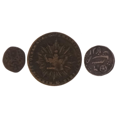 1588 - Two antique Persian coins and a William IV commemorative coin