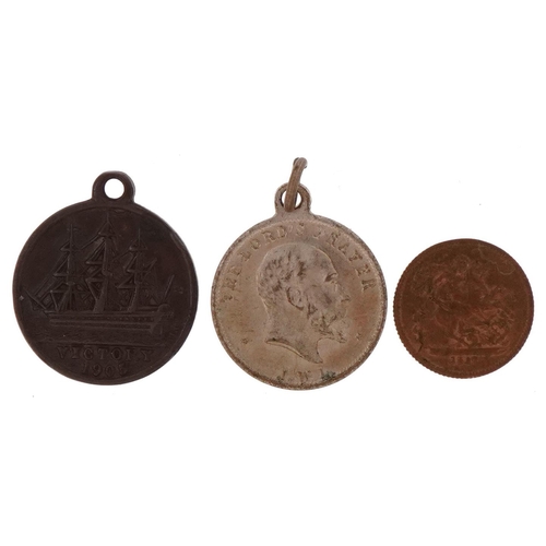 1578 - Two commemorative medallions and a coin including naval interest Nelson's Centenary containing Victo... 