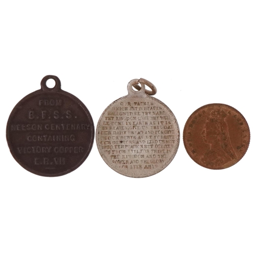 1578 - Two commemorative medallions and a coin including naval interest Nelson's Centenary containing Victo... 