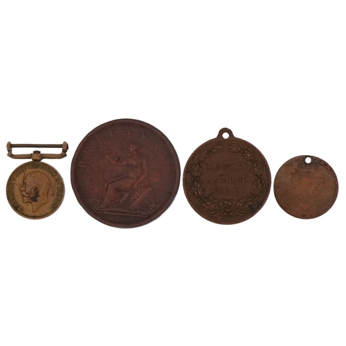 1577 - Coins, medallions and a Mercantile Marine dress medal including a George III 1806 penny