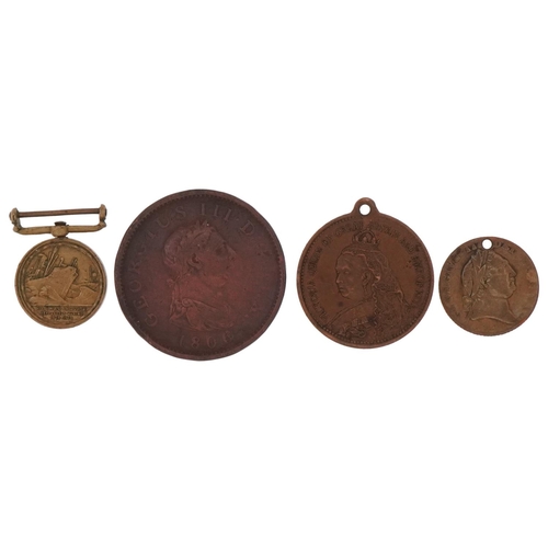 1577 - Coins, medallions and a Mercantile Marine dress medal including a George III 1806 penny