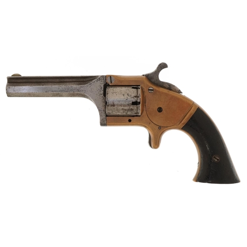 19th century American Connecticut Arms Co .28 single action pocket revolver with wooden grip, patented March 1st 1864, patented Jan 16th 1866, 18cm in length