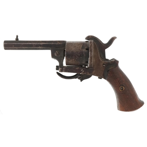 1432 - 19th century Belgian pinfire revolver with wooden grip, various proof marks, 16cm in length