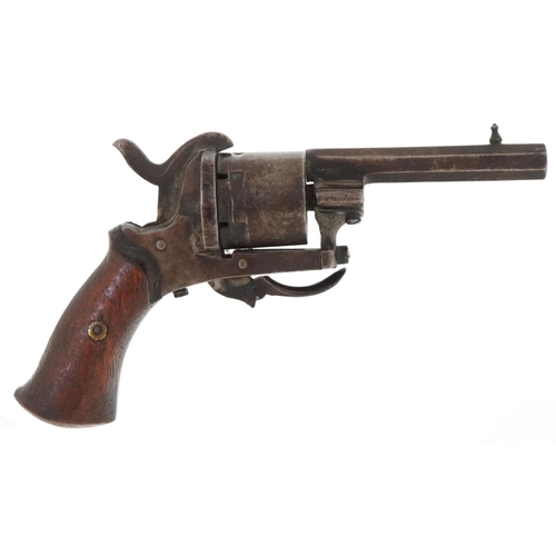 1432 - 19th century Belgian pinfire revolver with wooden grip, various proof marks, 16cm in length