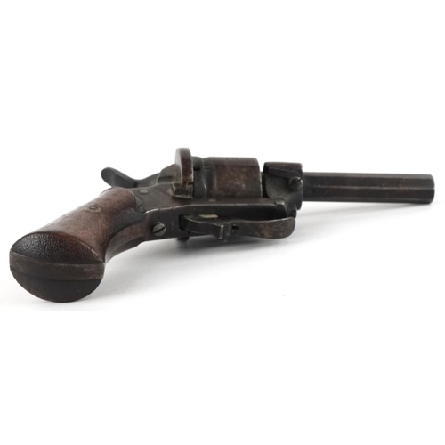 1432 - 19th century Belgian pinfire revolver with wooden grip, various proof marks, 16cm in length