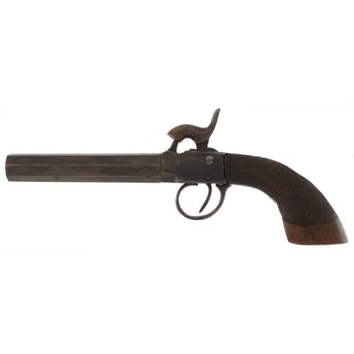 1428 - 19th century percussion cap pocket pistol with wooden grip, 22cm in length