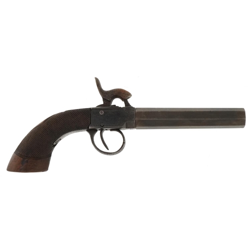 1428 - 19th century percussion cap pocket pistol with wooden grip, 22cm in length