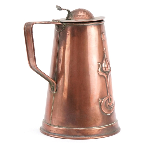 152 - Joseph Sankey, Art Nouveau copper jug embossed with stylised floral motifs, numbered 09942 to the ba... 