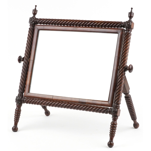 2070 - Victorian mahogany twisted swing mirror with urn finials, 65cm x 61cm