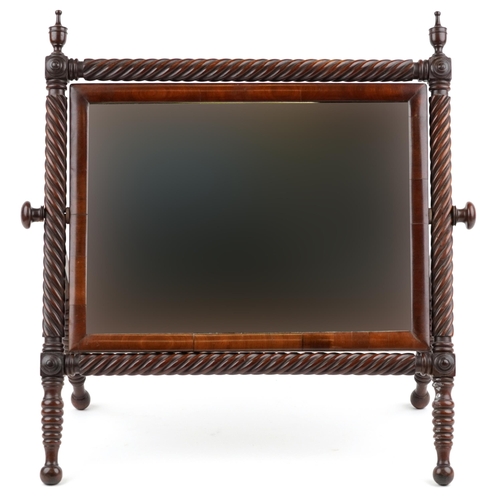 2070 - Victorian mahogany twisted swing mirror with urn finials, 65cm x 61cm