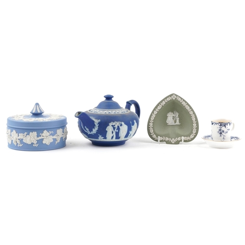 2397 - Royal Worcester miniature floral coffee can and saucer and Wedgwood Jasperware including teapot deco... 