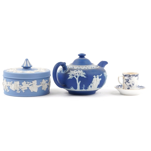 2397 - Royal Worcester miniature floral coffee can and saucer and Wedgwood Jasperware including teapot deco... 