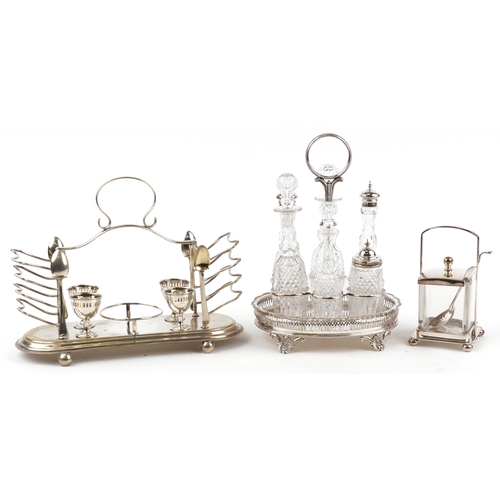 2381 - Silver plated items including a Walker & Hall cruet stand with six cut glass jars and an Art Deco pr... 