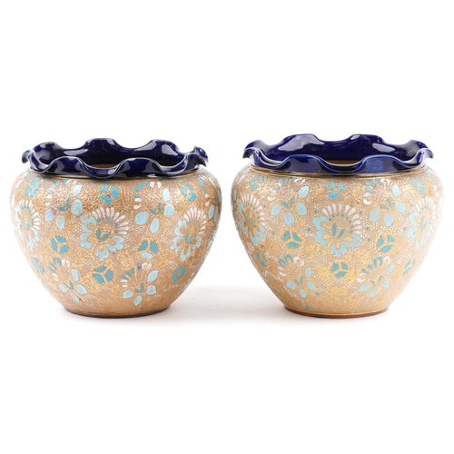 435 - Royal Doulton, pair of Doulton Slater's patent stoneware jardinieres with frilled rims hand painted ... 