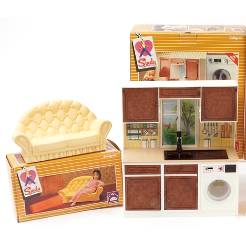 1188 - Vintage Sindy accessories by Pedigree with boxes comprising washing machine unit, cooker unit, china... 