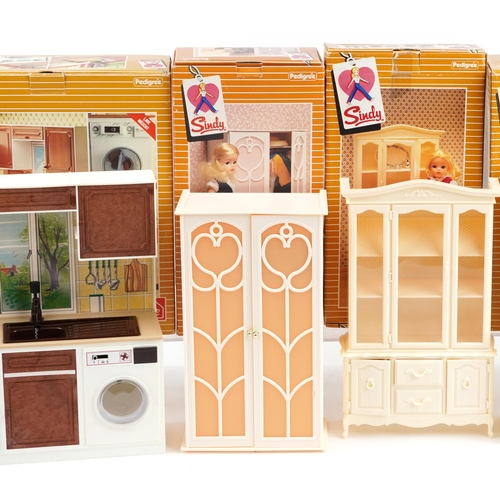 1188 - Vintage Sindy accessories by Pedigree with boxes comprising washing machine unit, cooker unit, china... 